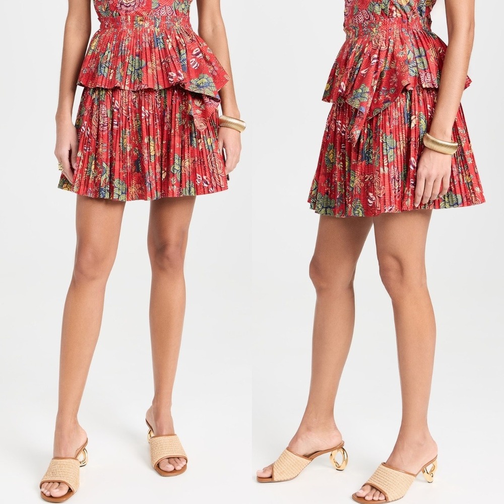 NWT Ulla Johnson Juno Skirt Hibiscus Red Floral Pleated Cotton Mini Skirt Sz 14‎